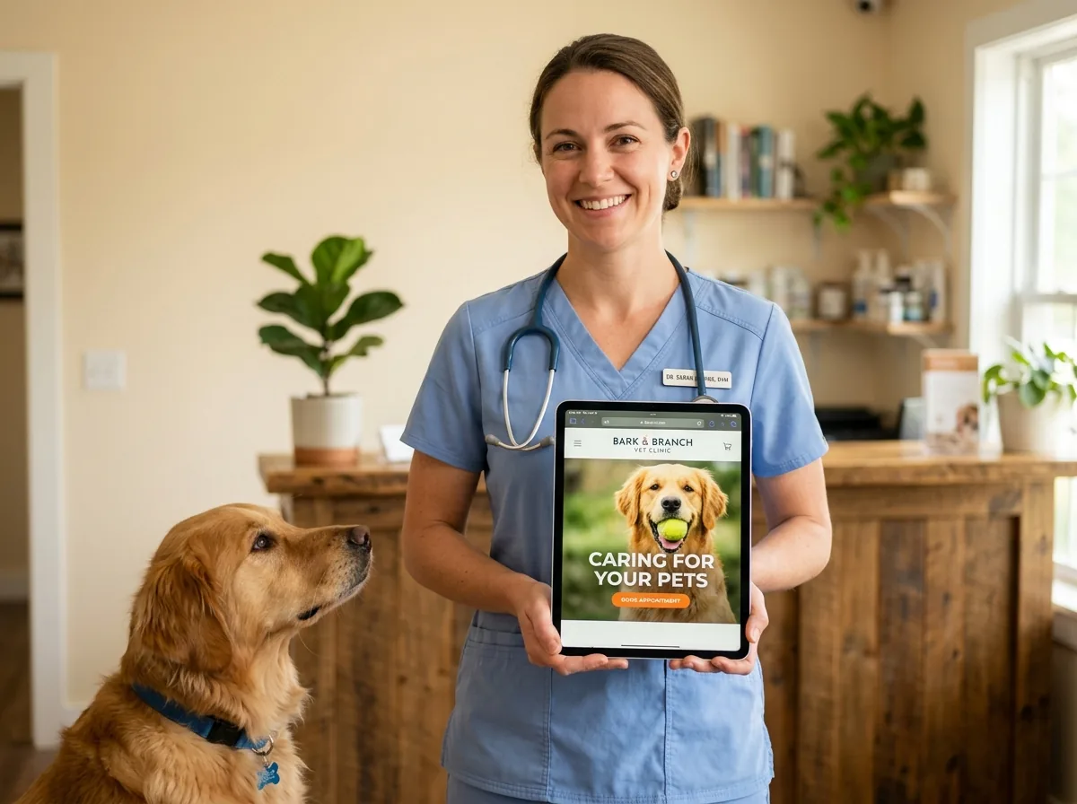 Veterinaria mostrando en una tablet el sitio web de una clínica veterinaria, demo de Primer Paso Digital