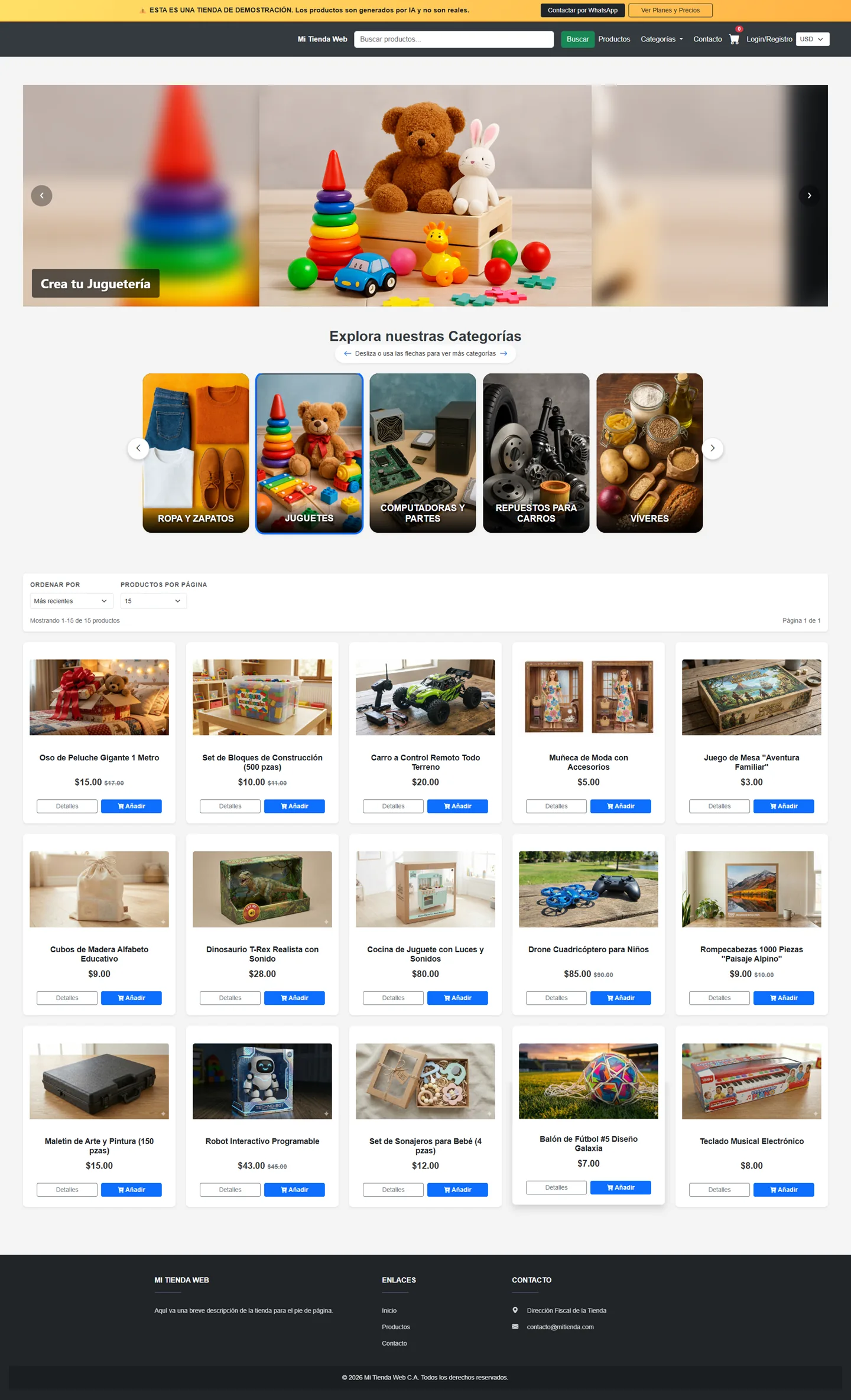 Captura de la página de inicio de TiendaVirtualShop, una tienda virtual real desarrollada por Primer Paso Digital