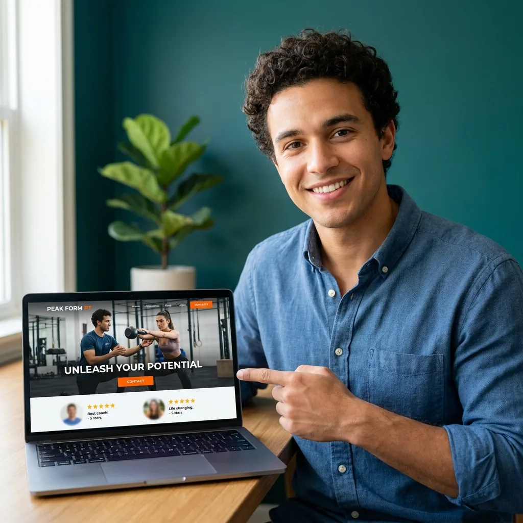 Pantalla de laptop mostrando una landing page de una sola página con botón de contacto