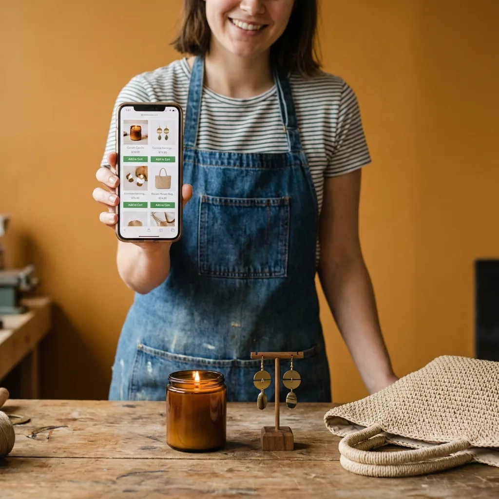 Teléfono mostrando una tienda virtual con catálogo de productos y botón de agregar al carrito